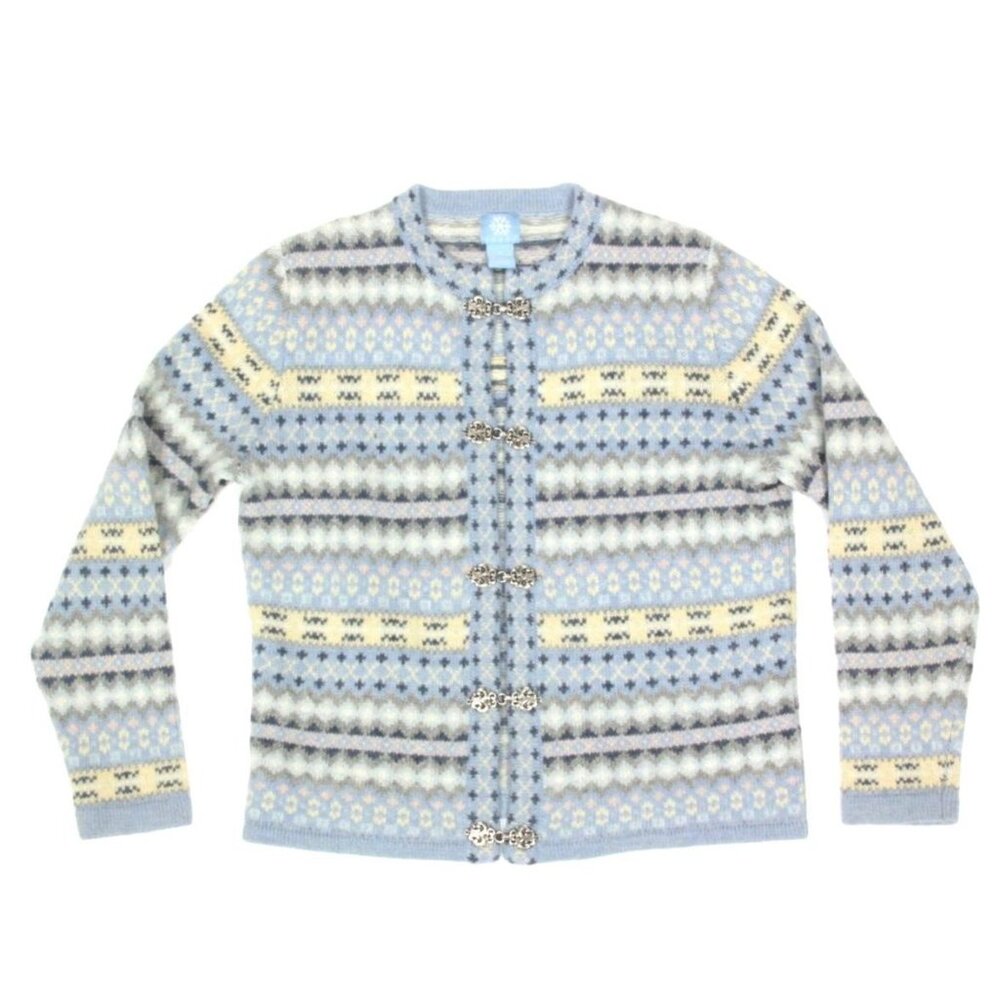 FROST Blue Fair Isle Nordic Cardigan Sweater Silver Clasp Womens size Small /051